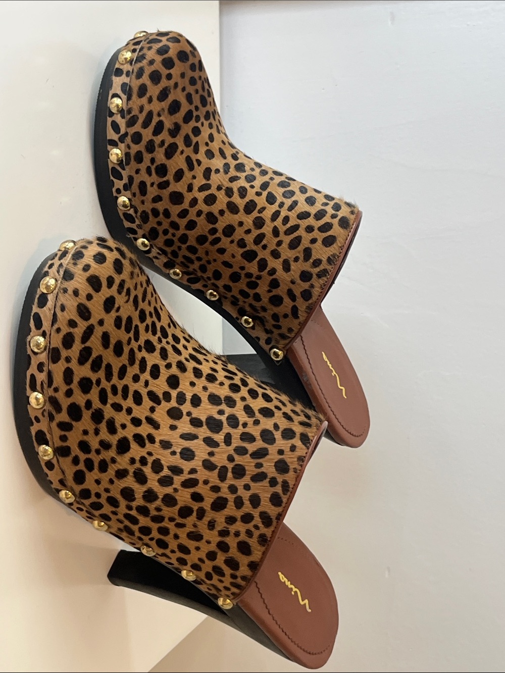 Nina- SZ 9m- Leather, Leopard Print Studded Women’s Mule Heels - Brown & black